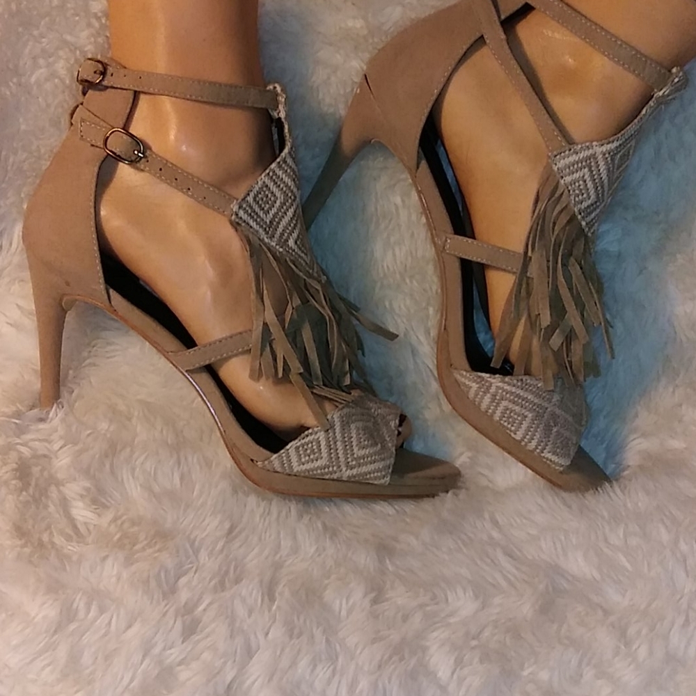 Maker's Beige Fringed Open Toe Heels
